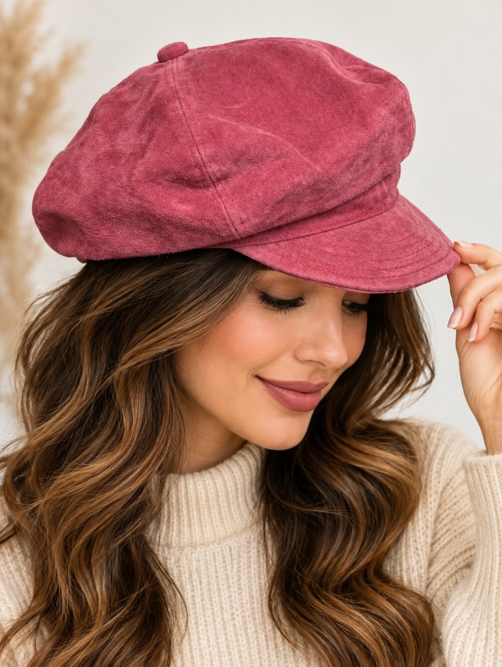 MIXIT Pink Genuine LEATHER SUEDE Newsboy Cabbie Cap Baker Boy Hat Women